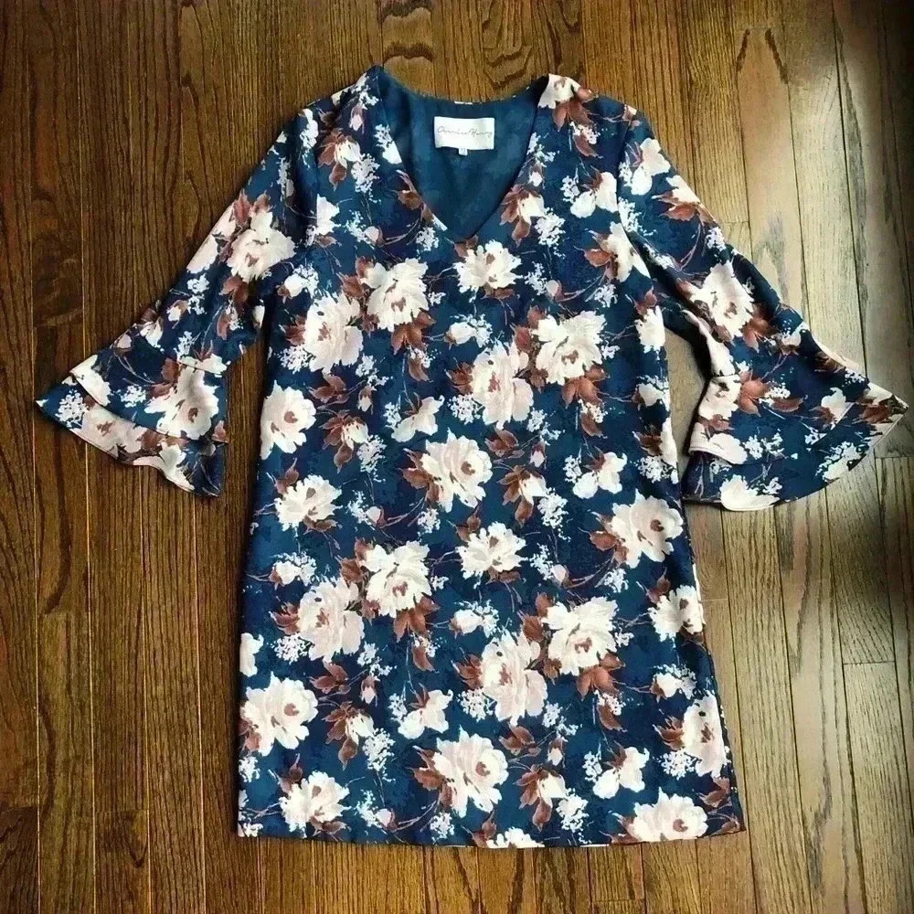 Charles Henry Women’s XS Blue Floral Bell-Sleeves V-Neck Mini Tunic Dress - VGUC